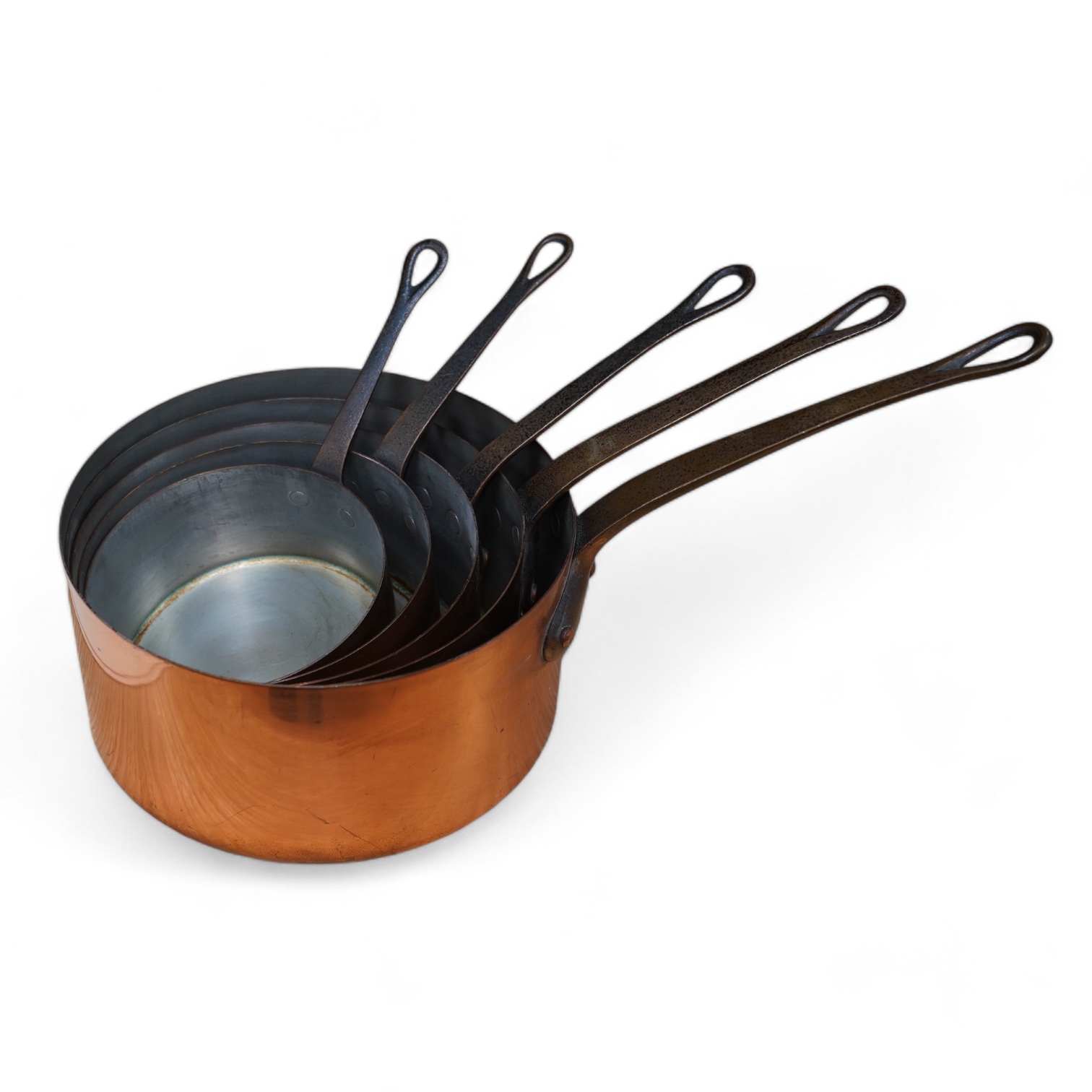 Les Metaux Ouvres. A graduated set of five copper pans. Condition - fair to good